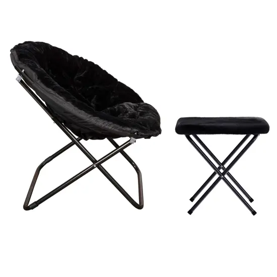 Emma and Oliver Ersa Oversize Folding Saucer Moon Chair and Ottoman for Dorm and Bedroom with Steel Frames BlackFab/BlackFrame {5}