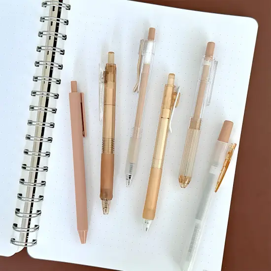 Wrapables Retractable Rollerball Pens and Highlighter Set, 0.5mm Black Gel Ink Pens for Home, Office, Stationery (Set of 6) Brown {6}