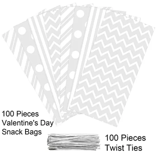 100 Pack White Cellophane Bags Plastic Candy Bags Gift Bags Goodie Bags with Twist Ties for Valentine, Birthday, Gift Cookie Snack Packing Party Favor Supplies {6}