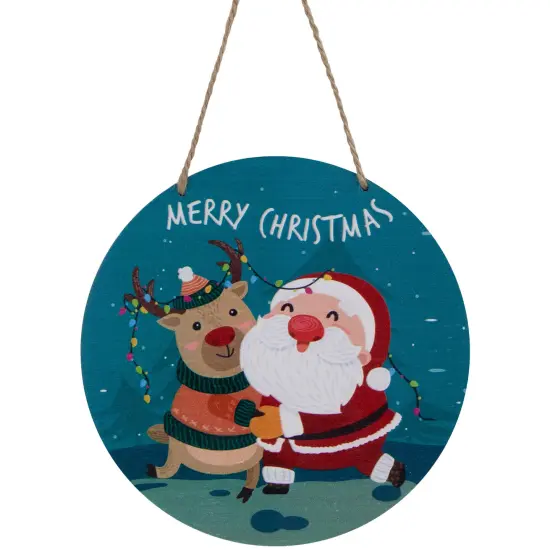 Northlight Santa and Reindeer "Merry Christmas" Disc Ornament - 8" - Blue and Red Green {1}