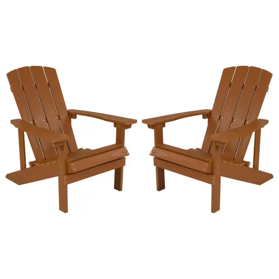 Emma and Oliver 2 Pack Outdoor All-Weather Poly Resin Wood Adirondack Chairs Teak {1}