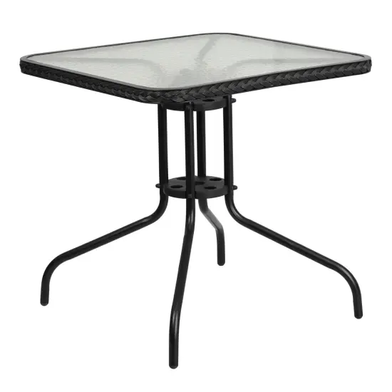 Emma and Oliver 28" Square Tempered Glass Metal Table with Rattan Edging Clear/Black Rattan {1}