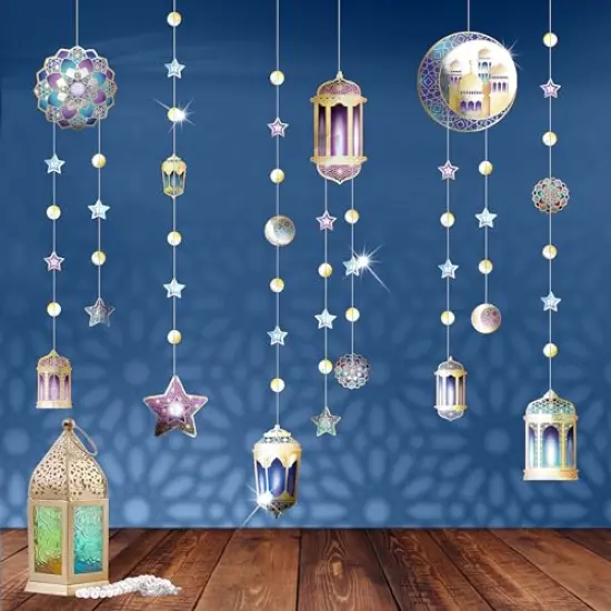Purple Blue Gold Ramadan Mubarak Garland Kit Lantern Crescent Moon Star EID Party Decoration Hanging EID Banner Streamer Decorations Islamic Birthday Bday Wedding Party Supplies {6}