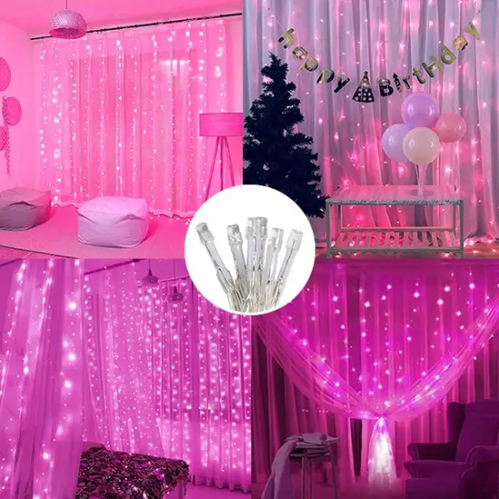 Perfect Holiday 300 LED Curtain String Lights Plug In - 8 Light Modes Pink {4}