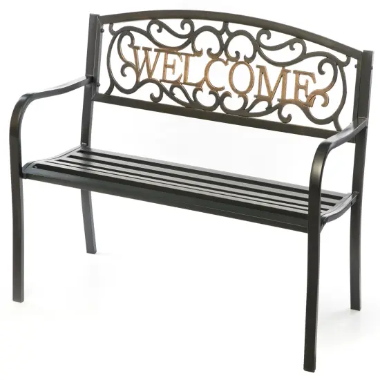 Steel Outdoor Patio Garden Park Seating Bench with Cast Iron Welcome Backrest, Front Porch Yard Bench Lawn Decor {1}