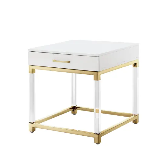 Caspian High Gloss Acrylic Leg Metal Base Side/Accent Table Nightstand White/Gold {3}
