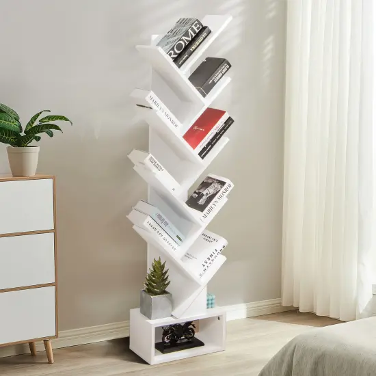 10-tier Tree Bookshelf with Drawer Free-standing Storage Bookcase White {1}