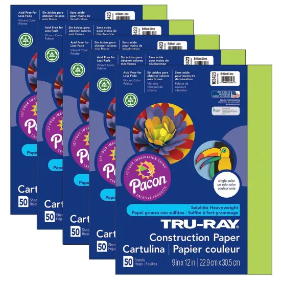 Construction Paper, Brilliant Lime, 9" x 12", 50 Sheets Per Pack, 5 Packs {1}