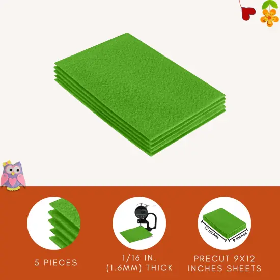 FabricLA Acrylic Felt Sheets for Crafts - Precut 9" X 12" Inches (20 cm X 30 cm) Felt Squares - Use Felt Fabric Craft Sheets for DIY, Costume, and Decoration | Lime - 5 Pieces {5}