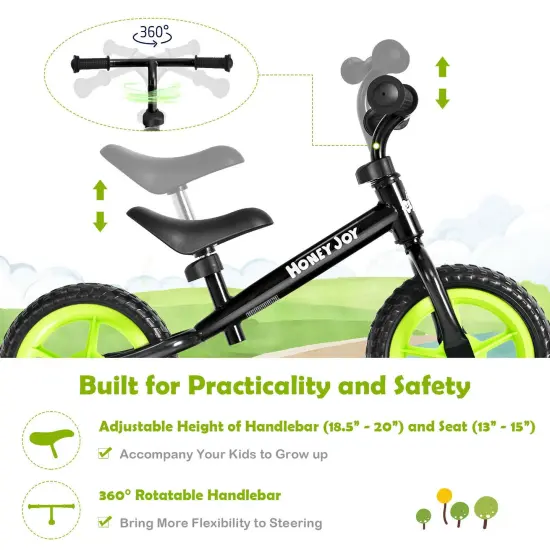 Kids No Pedal Balance Bike with Adjustable Handlebar and Seat Black {4}