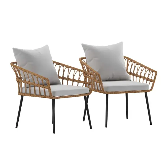 Merrick Lane Armon Set of Two Indoor/Outdoor Boho Style Open Weave Rattan Rope Patio Chairs with Cushions Natural/Gray {1}