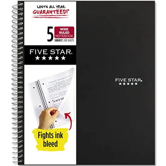 Spiral Notebook 5-Subject Wide Ruled Paper Fights Ink Bleed Water-Resistant Cover 8" x 10-1/2" 200 Sheets Black {2}