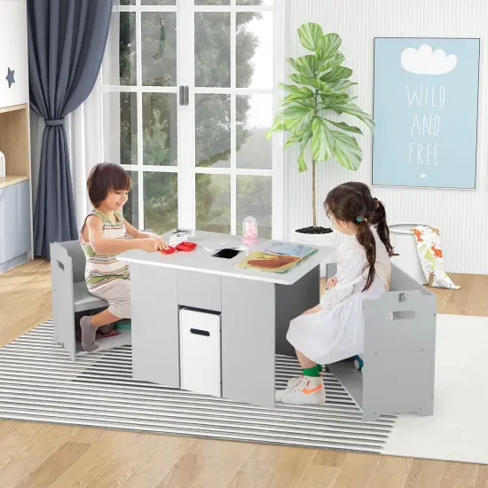 4-in-1 Kids Table and Chairs with Multiple Storage for Learning-Grey {2}