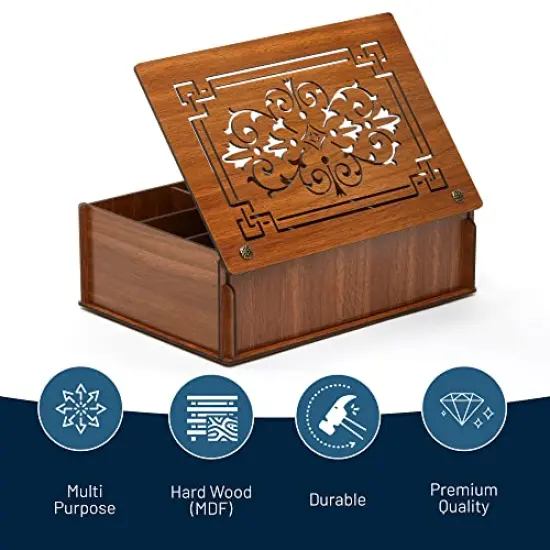 RoyalHouse Premium Wood (Hard MDF) Tea Storage Box Organizer (Brown), Eco-Friendly Multi-Functional Decorative Box, 9 Compartments For Assorted Variety Of Tea Bags and Small Items {6}