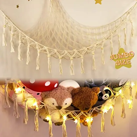 Stuffed Animal Toy Storage Hammock with LED Light-Macrame Jumbo Doll Room Corner Organizer Mesh Decoration-Hanging Storage Nets Kids Bedroom, (X-Large Size) {3}