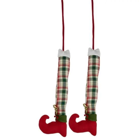 Northlight Set of 2 Red and Green Plaid Plush Elf Leg Christmas Picks 30" {4}