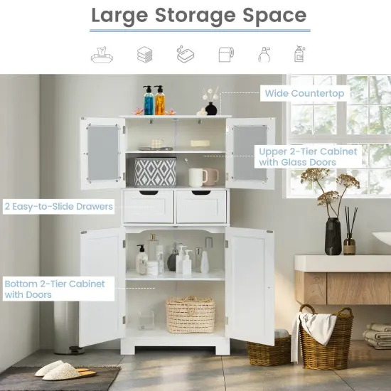 3 Tier Freer-Standing Bathroom Cabinet with 2 Drawers and Glass Doors White {6}