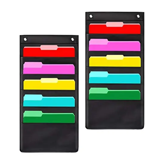 2 Pack -5 Pockets Hanging Wall File Organizer with 4 Hooks, Hanging Pocket Chart - Hanging Storage Organizer for School, Home or Office Wall Pocket Chart, Black, 2 Pack {2}