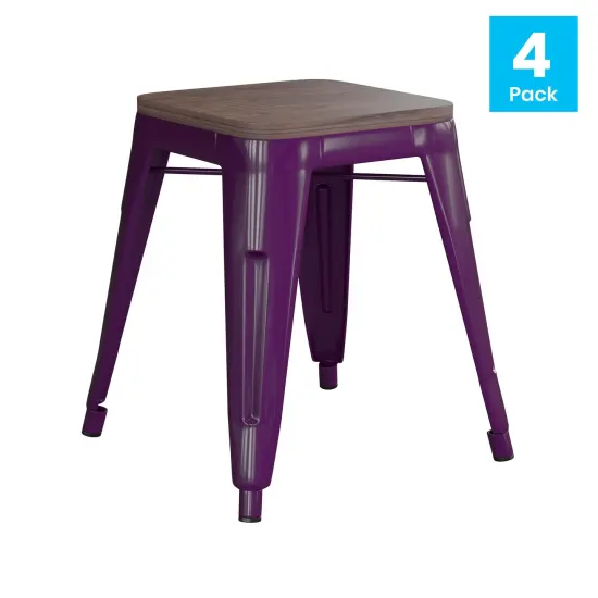 Emma and Oliver Set of Four Table Height Backless Stacking Welded Iron Stools with Wooden Seats and Under Seat Bracing for Indoor Use Purple {4}