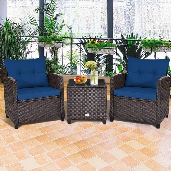 3 Pcs Patio Rattan Furniture Set Cushioned Conversation Set Coffee Table Navy {3}