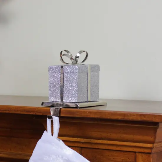 Northlight 5.5" Silver Glitter Gift Box with Bow Christmas Metal Stocking Holder {6}