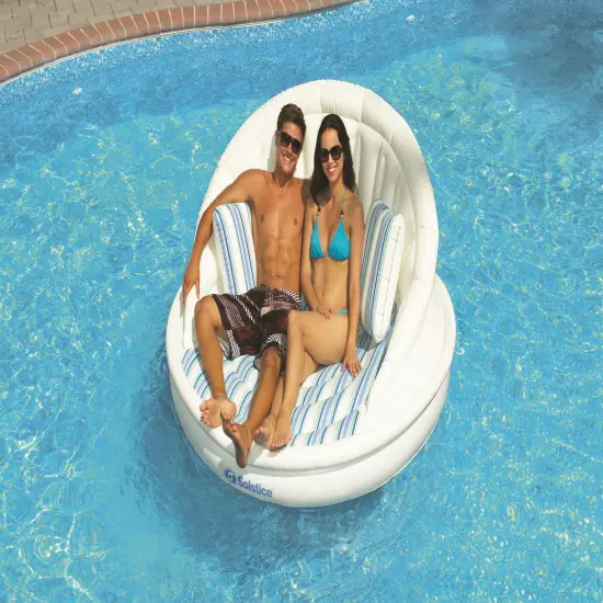 Swim Central Inflatable Striped Swimming Pool Sofa Lounge Raft - 70" - White and Blue {4}