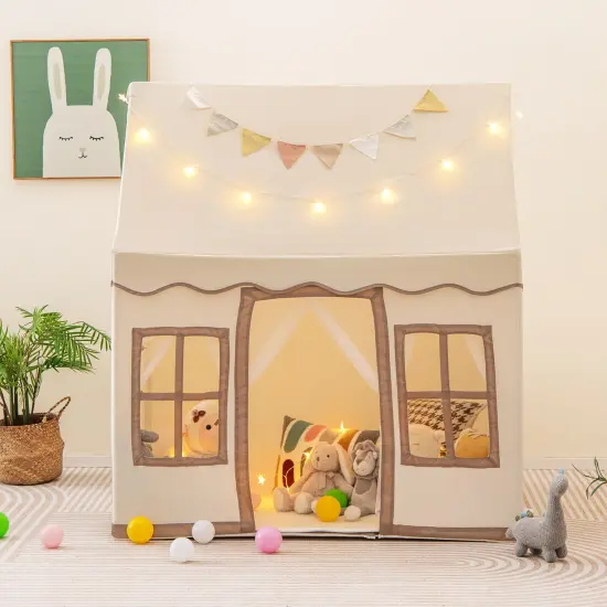 Toddler Large Playhouse with Star String Lights Perfect for Gifting Brown {2}