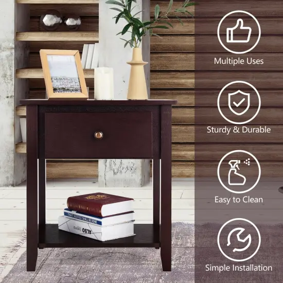 Nightstand with Drawer and Storage Shelf for Bedroom Living Room Dark Brown {2}