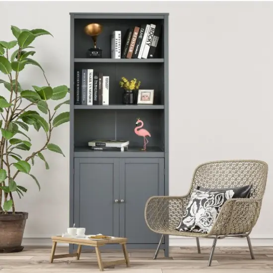 Bookcase Shelving Storage Wooden Standing Cabinet Unit Display with Doors Grey {2}