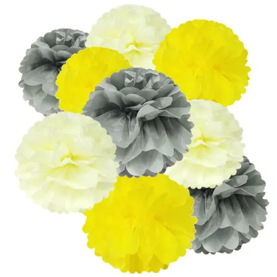 Wrapables Set of 18 Tissue Pom Pom Party Decorations for Weddings, Birthday Parties Baby Showers and Nursery Decor, Gray/Yellow/Ivory {1}