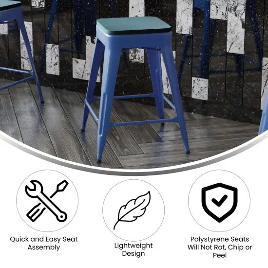 Emma and Oliver Kam Backless Metal Indoor-Outdoor Stool with All-Weather Polystyrene Seat Blue/Teal-Blue {2}
