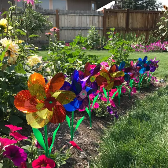 In the Breeze Mylar Rainbow Flower Pinwheel with Leaves - Assorted 2 Tone Color Spinners - 8 Piece Bags {2}