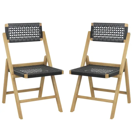 Set Of 2 Folding Chairs Indonesia Teak Wood Dining Chairs With Woven Rope Seat And Back {3}