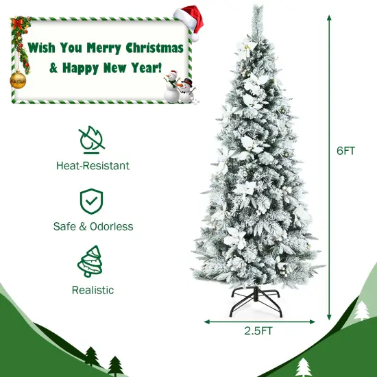 Costway 5ft/6ft/7ft/8ft Snow Flocked Christmas Pencil Tree w/ Berries & Poinsettia Flowers {4}