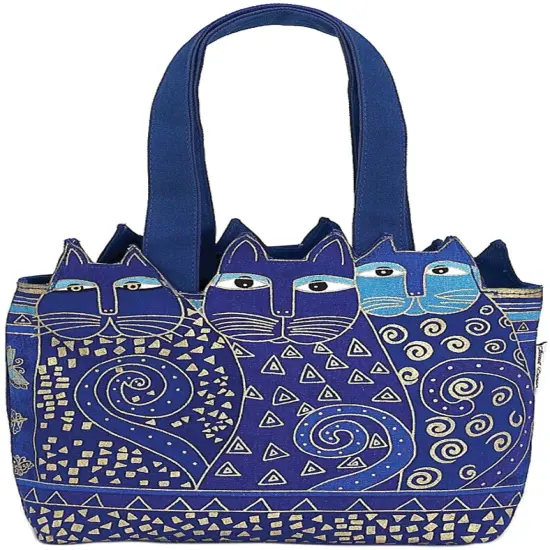 Laurel Burch Medium Tote Zipper Top 12"X3.5"X8.5"-Tres Gatos - Blue & Gold {2}