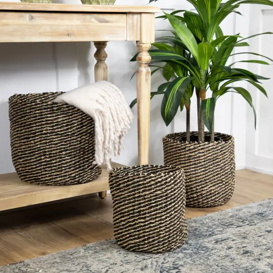 Northlight Set of 3 Striped Beige and Black Woven Seagrass Storage Baskets 14" {3}