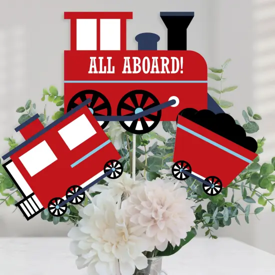 Big Dot of Happiness Railroad Party Crossing - Steam Train Birthday Party or Baby Shower Centerpiece Sticks - Table Toppers - Set of 15 {1}