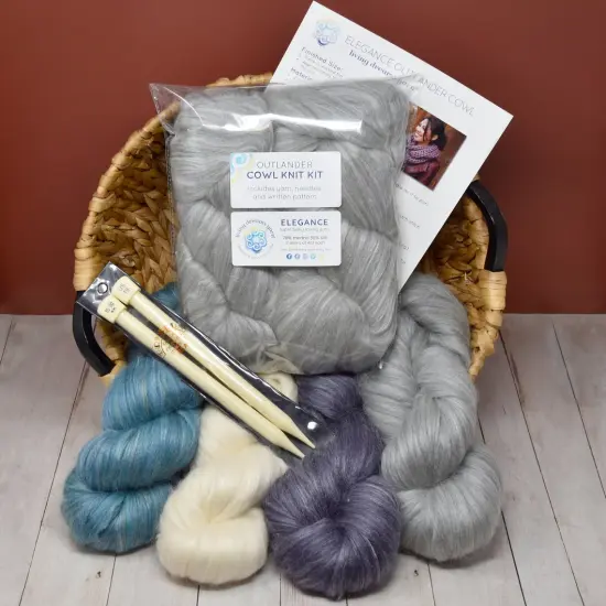 COWL KNITTING KIT: Super Soft Merino Silk Yarn + Large #19 needles + Written Pattern w/ Photo Tutorial. Gift for Knitters. Sapphire {3}