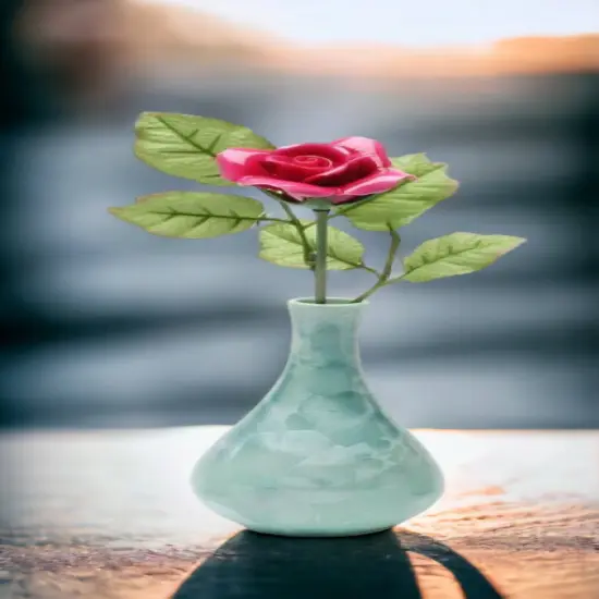 Ceramic Burgundy Rose Flower in Crystallized Green Vase, Valentines Day, Wedding Décor or Gift, Wedding Favor, Anniversary Décor or Gift {2}