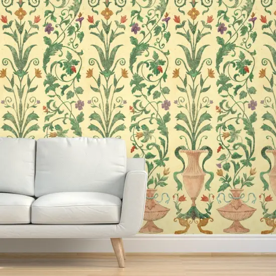 Pre-Pasted Wallpaper 2FT Wide Yellow Floral Wallpaper Home Decor Large Scale Italian Renaissance Terra Cotta Italy Villa Frescoes Vase Custom Pre-pasted Wallpaper by Spoonflower {5}