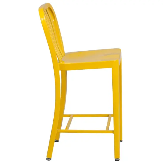 Merrick Lane Santorini Galvanized Steel Indoor/Outdoor Counter Bar Stool With Slatted Back And Powder Coated Finish Yellow {5}