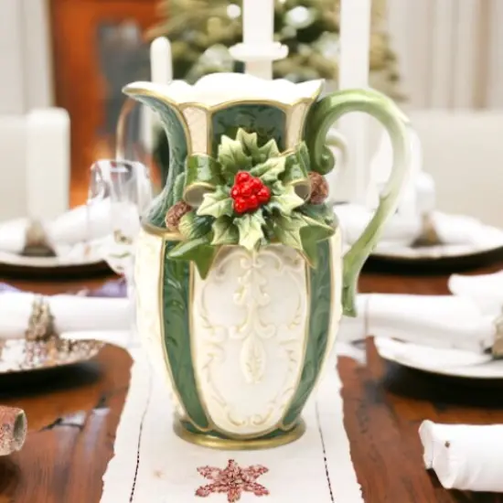 Ceramic Christmas Holly Pitcher, Home D&eacute;cor, Gift for Her, Gift for Mom, Kitchen D&eacute;cor, Christmas D&eacute;cor {1}