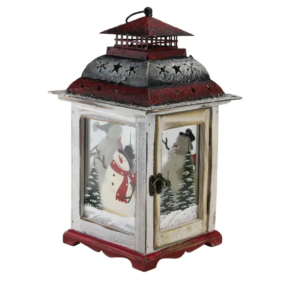 Northlight 14.5" Rustic Red and White Snowman Christmas Scene Candle Lantern {1}