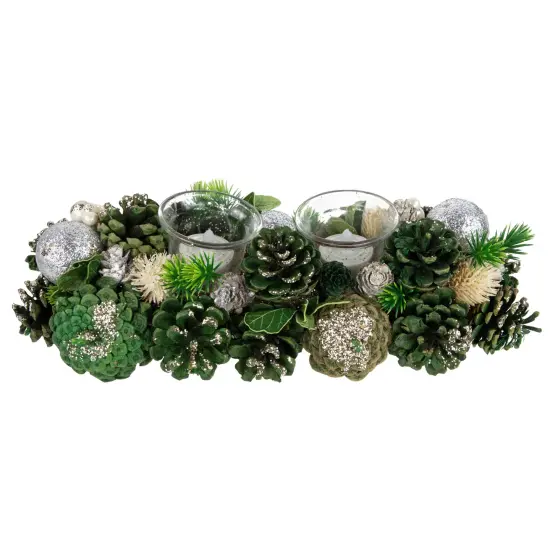 Northlight 13" Green Pinecone and Silver Glitter Ornaments Christmas Tealight Candle Holder {1}
