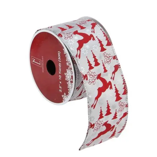 Northlight Silver and Red Flying Reindeer Wired Christmas Craft Ribbon 2.5" x 10 Yards {1}