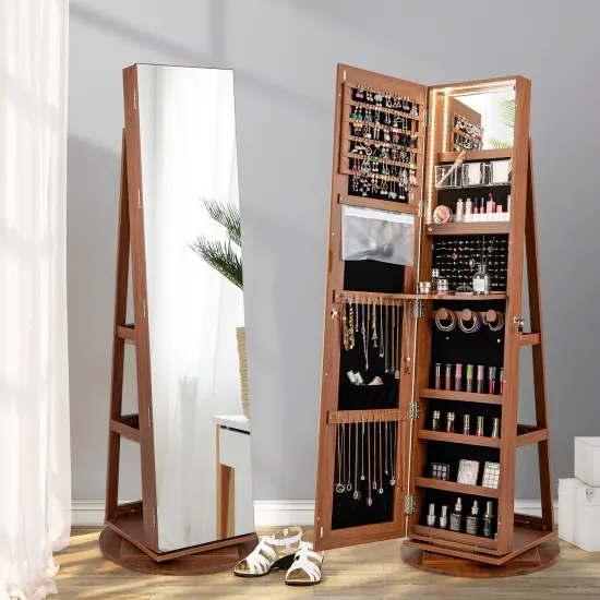 360 Degree Full Length Mirror Jewelry Armoire Cabinet with 3-Color LED Lights and Lockable Door Dark Brown {2}