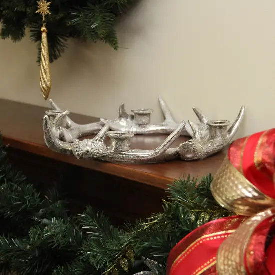 Gerson 13.5" Silver Glitter Drenched Artificial Deer Antler Christmas Taper Candle Holder {3}
