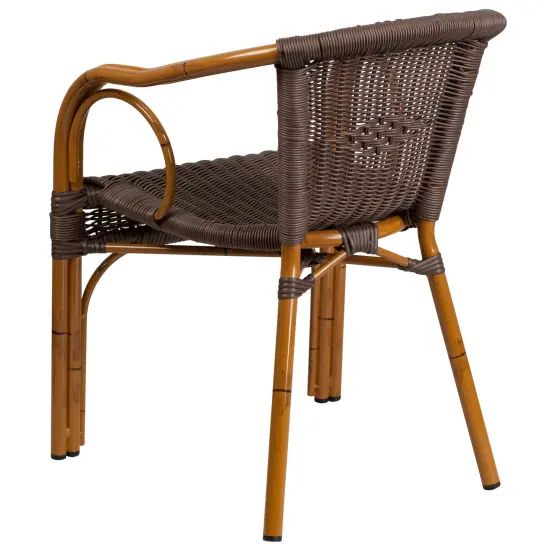 Merrick Lane Esna Series Stacking Rattan Patio Chair with Bamboo Look Aluminum Frame and Integrated Arms DarkBrown/RedBamboo {4}