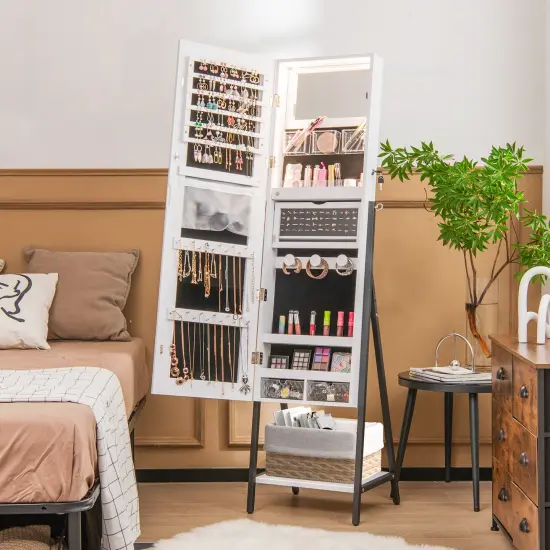 Freestanding Full-Length Mirror Jewelry Cabinet with Metal Tube Frame and 3 Color LED Lighting White {2}