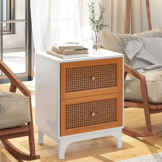 Costway 1/2 PCS Rattan Nightstand with Storage Wood End Sofa Side Table with 2 drawers Wood Legs {9}